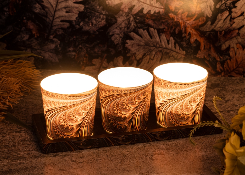 Printed Glass T-Light Candle Holder with Wooden Tray Set of 3